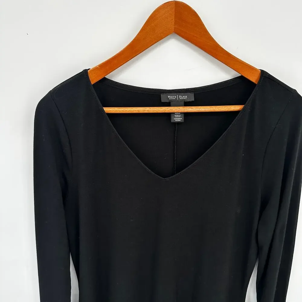 WHITE HOUSE BLACK MARKET Black V-Neck Side Slit Long Sleeve Dress // M